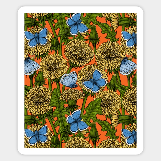 Dandelion meadow on orange Sticker by katerinamk